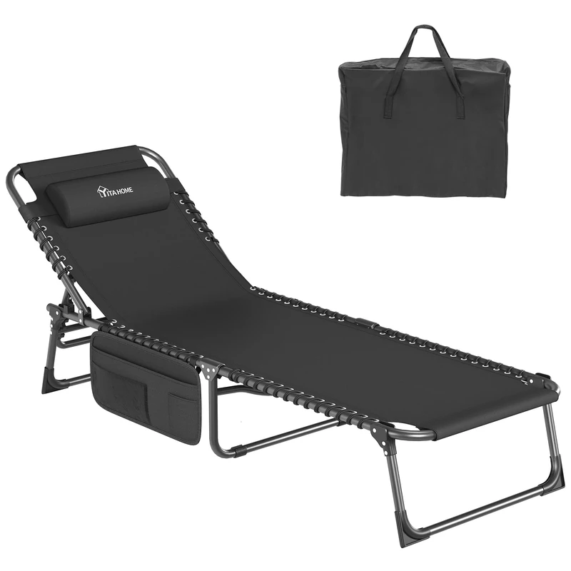 YITAHOME Reclining Sun Lounger 190x60x31 cm Folding Sun Bed 4 Position Adjustable, Sunloungers with Removable Headrest & Side Pocket Load capacity 300lbs for Garden, Beach, Poolside, Camping, Black