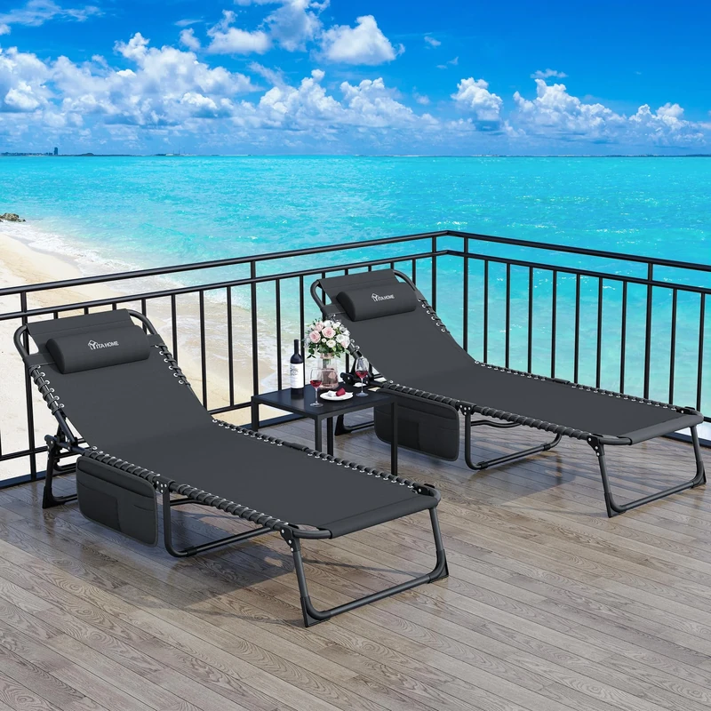 YITAHOME Reclining Sun Lounger Set of 2, Folding Sun Bed 4 Position Adjustable, 190x60x31 cm Sunloungers with Removable Headrest & Side Pocket Load capacity 300lbs for Garden, Beach, Camping, Black