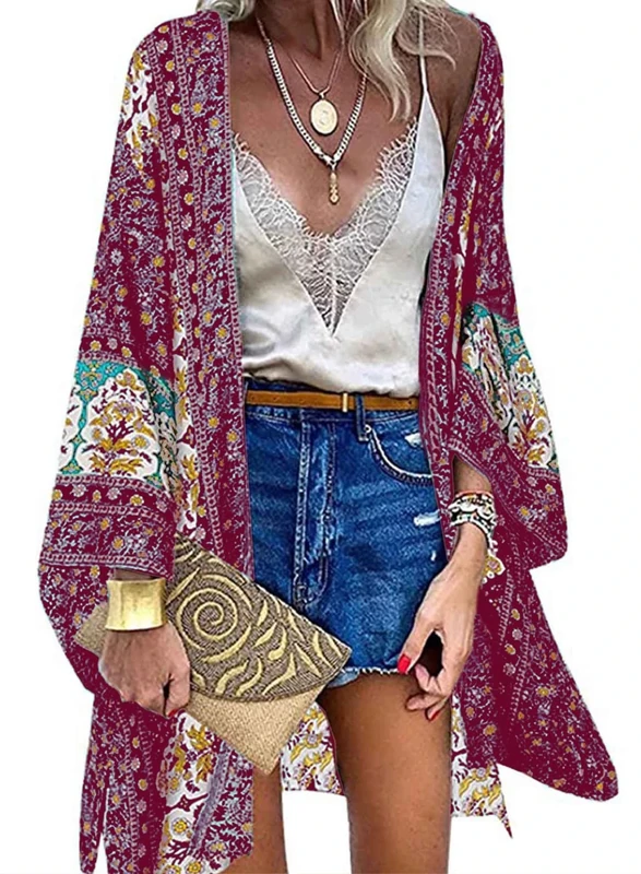 CheChury Kimono Cardigans for Women Bohemian Tops Beach Coverups Floral Print 3/4 Sleeve Kimono Swimsuit Cover Up Beachwear Shawl Casual Blouse Top Boho Summer Ladies Cardigan,Red,XL