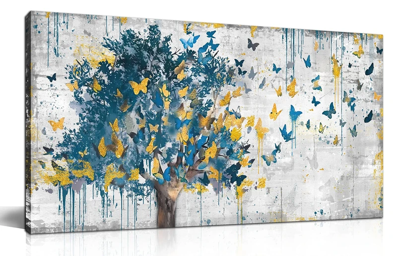 Kepgonegu Large Canvas Wall Art Blue Tree Golden Butterflies Picture Abstract Grey Graffiti Canvas Prints Ready to Hang for Living Room Bedroom Size 30x60