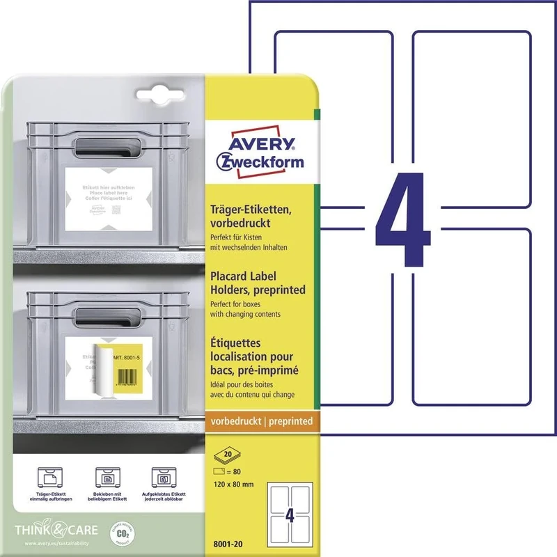 AVERY Zweckform Art. 8001-20 Carrier Labels (80 Label Holders, 120 x 80 mm, Can be Glued with All Labels as Often as Required Without Residue, for Shelves, Boxes, Containers in Warehouse and