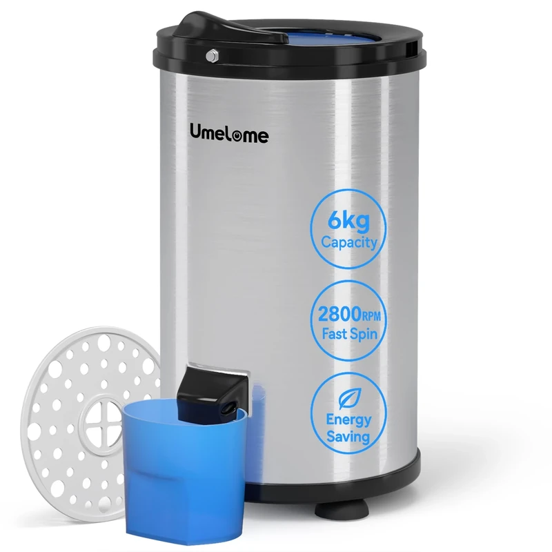 Spin Dryer 6kg by Umelome, Energy&Power Saving Spinner 2800 RPM Clothes Dryer, Energy Efficiency Class: A+++, Gravity Drain dryer, Silvery [Energy Class A+++]