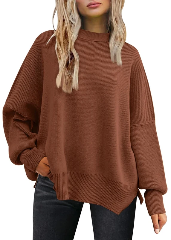 LILLUSORY Women's Crewneck Batwing Long Sleeve Sweater 2023 Fall Oversized Ribbed Knit Side Slit Pullover Top, Brick Red, L