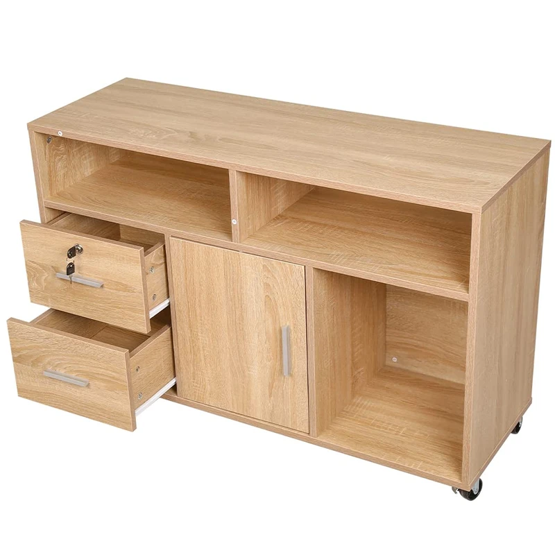 BAKAJI Multi-purpose Wood Printer Cabinet with 3 Shelves, 2 Drawers with Key and 1 Cabinet with Compartments, Office Storage Cabinet with Movable Wheels, 100 x 35 x 65 cm (Oak) - Image 1
