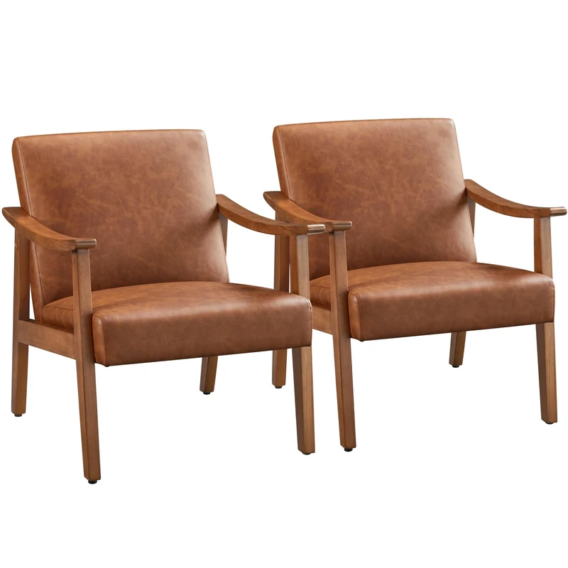 Yaheetech Armchair PU Leather Accent Chair Retro Lounge Chair with Rubber Wood Legs Comfy Seat/Backrest for Living Room Bedroom Dining Room Light Brown 2PCS