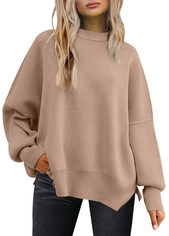 LILLUSORY Women's Long Sleeve Batwing Autumn Oversized Crew Neck Ribbed Knitted Sweater with Side Slit, Dark Apricot, S