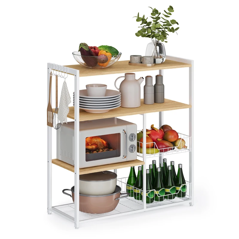 VASAGLE Baker’s Rack, Kitchen Island with 2 Metal Mesh Baskets, Shelves and Hooks, 80 x 35 x 95 cm, Industrial Style, Oak Beige and White KKS096W09