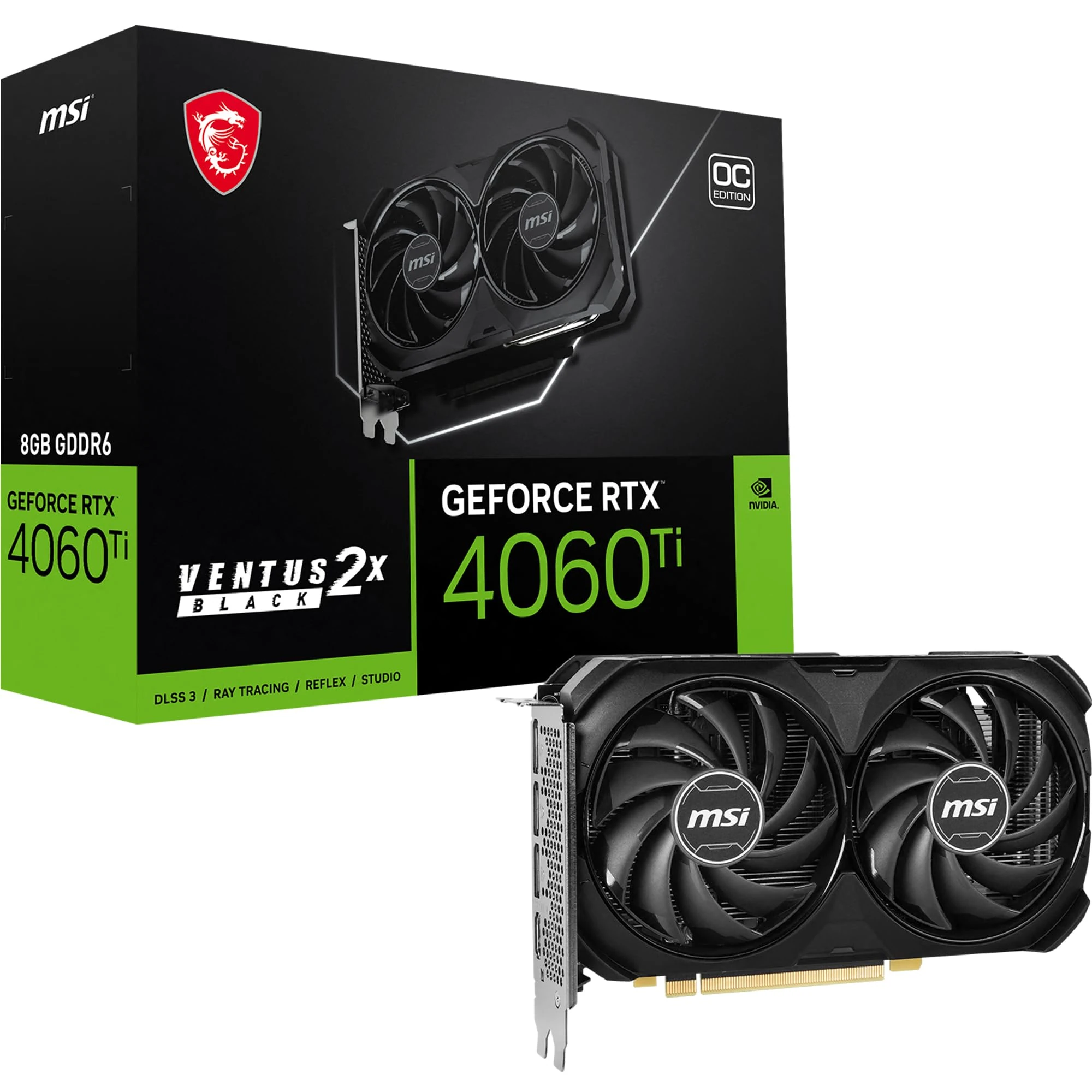 MSI GeForce RTX 4060 Ti VENTUS 2X BLACK 8G OC Graphics Card - RTX 4060 Ti GPU, 8GB GDDR6 (18Gbps/128-bit), PCIe 4.0 - 2 x TORX Fan 4.0 - HDMI 2.1a, DisplayPort 1.4a