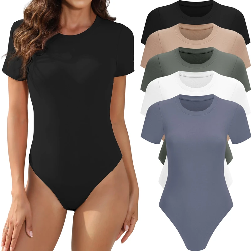 MLYENX 5 Pack Short Sleeve Bodysuit For Women Round Neck Casual Stretchy Basic T Shirt Bodysuit Tops, 5pack：black,white,olive Green,nude,dark Blue, M