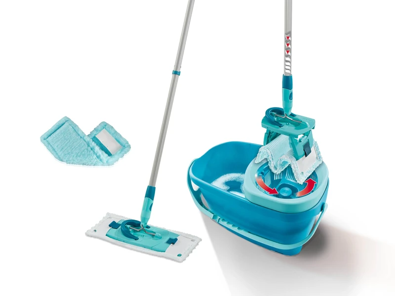 Leifheit Clean Twist M Ergo Mop and Bucket Set, Spin Mop with Static Plus Wiper Cover, Easy-steer Microfibre Head, 33 cm Wide, Turquoise