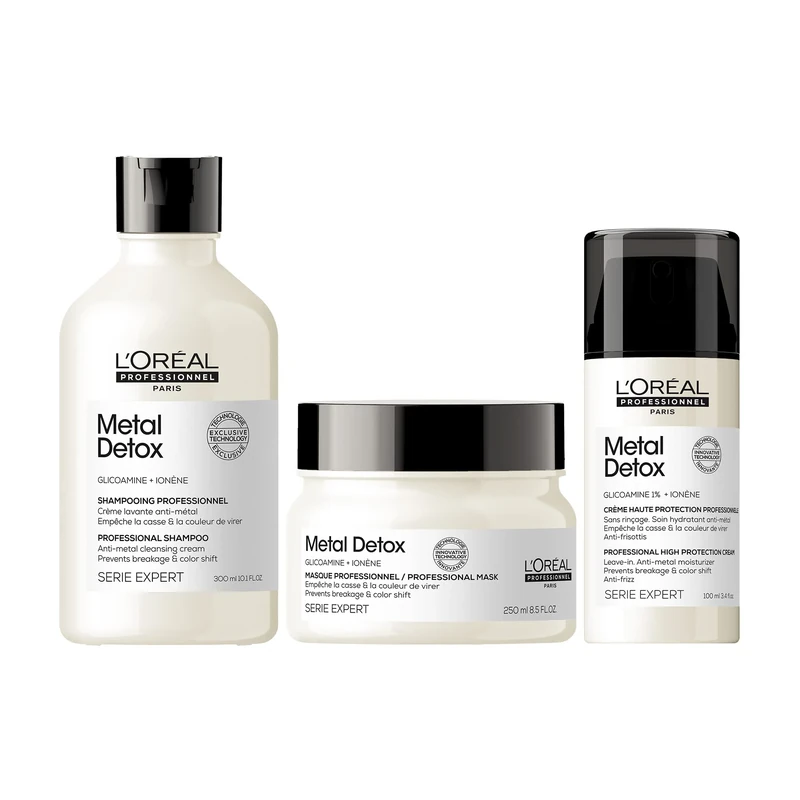 L’Oréal Professionnel Metal Detox Shampoo 300ml, Hair Mask 250ml & Leave-In Cream 100ml, Prevent Breakage & Colour Fade from hard water, for damaged, dull hair