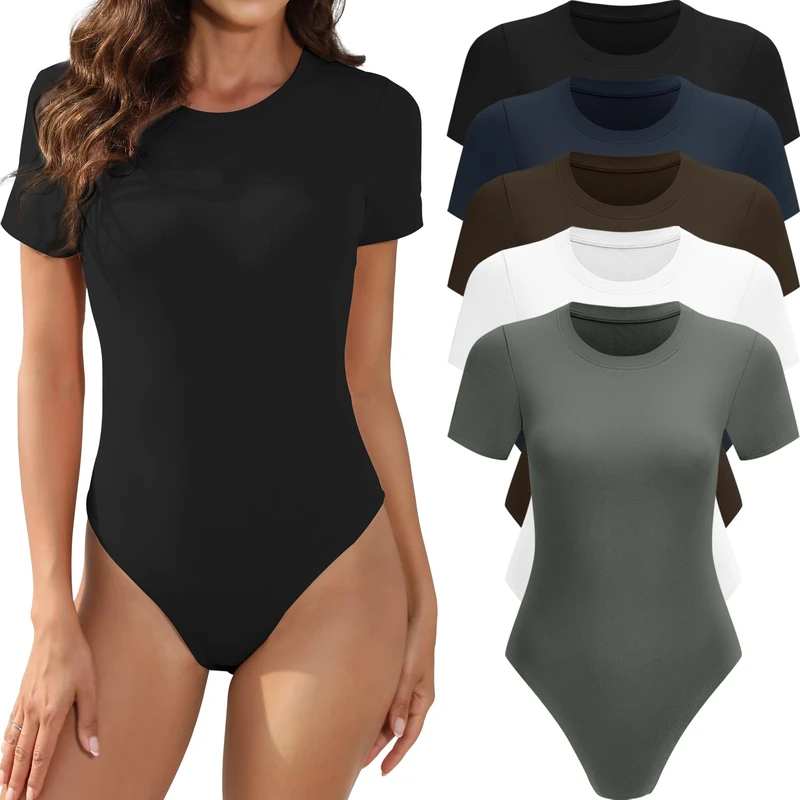 MLYENX 5 Pack Short Sleeve Bodysuit For Women Round Neck Casual Stretchy Basic T Shirt Bodysuit Tops, 5pack：black,white,olive Green,navy,coffee, Medium