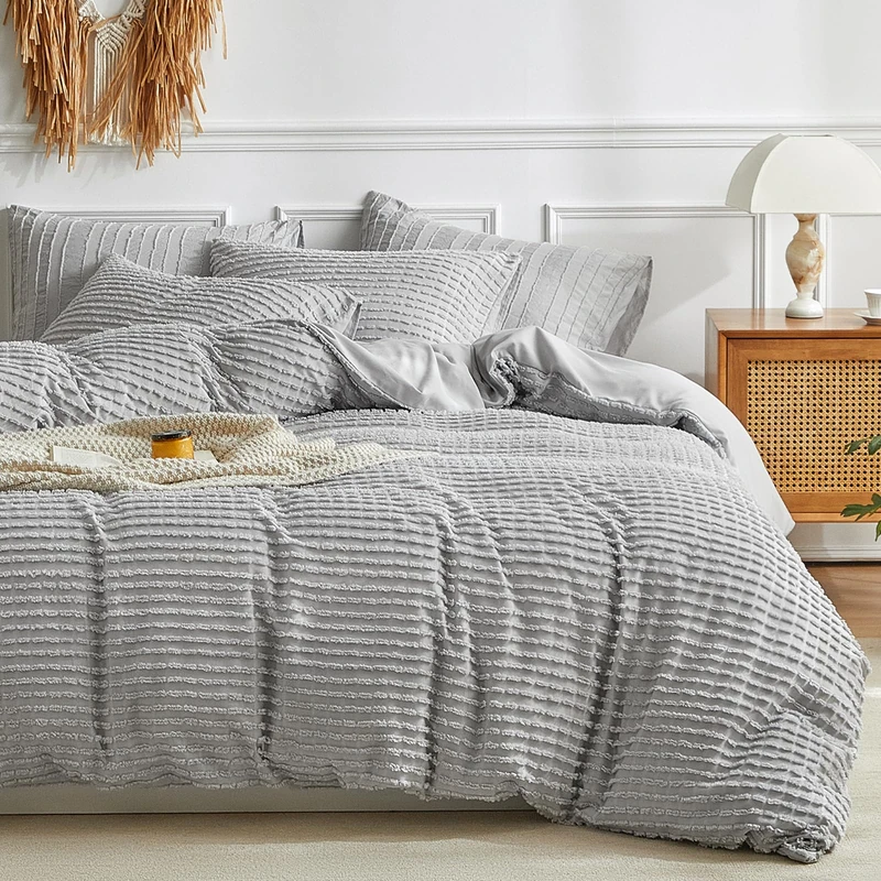 WARMDERN Grey Boho Duvet Cover Set King Size, Tuft Texture, 3-Piece