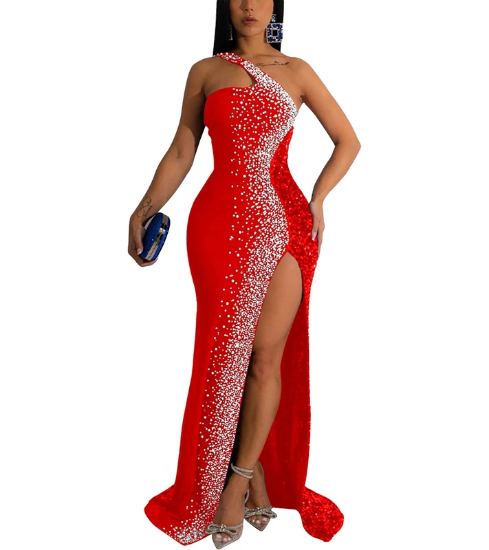 Nagfar Women Rhinestone Dress Sexy Square Neck Wrap Hip Stretch Dresses Evening Gown Club Night Outfit, S5 Red, M - Image 1