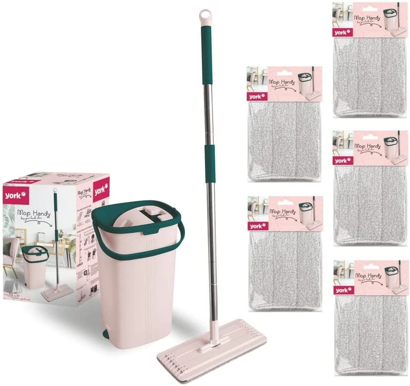 YORK Mobile Phone Flat Mop, Pink (Includes Wring Bucket, Mop Head), Telescopic Aluminium Handle, Easy Storage, Suitable for All Floors