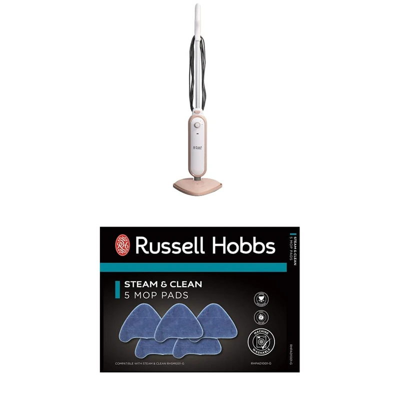Russell Hobbs Steam & Clean Upright Steam Mop in Blush Pink, 1.4kW 380ml Water Tank, 8m Cord RHSM1001BP-G + Replacement Steam Mop Pads for RHSM1001-G Steam & Clean Mop, Pack of 5, RHPAD1001-G