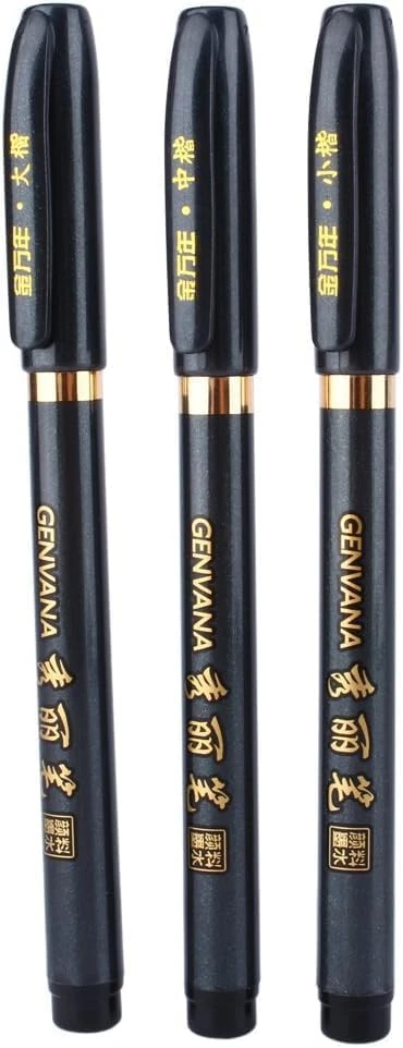 Dekaim 3Pcs Japanese Writing Pen, Fine Felt Tip Calligraphy Shodo Brush Ink Pen, Black, Refillable, Non-Toxic, Quick Drying