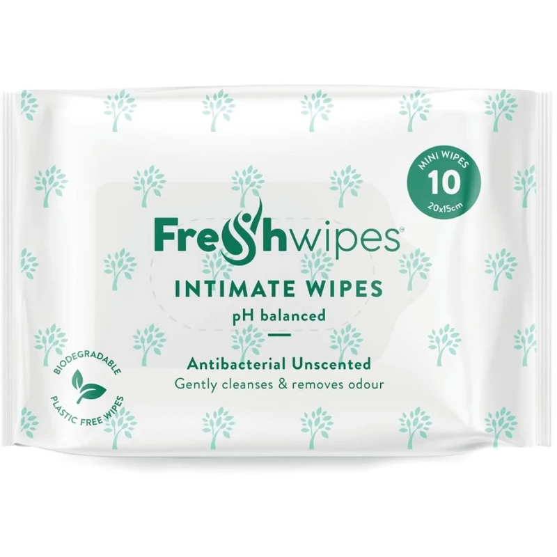 FreshWipes Unscented Intimate Hygiene Wipes 1 Pack (10 Wipes) - Antibacterial & Biodegradable Wet Wipes for Women & Men - Odour Removing & pH Balanced for Sensitive Skin - Dermatologically Tested