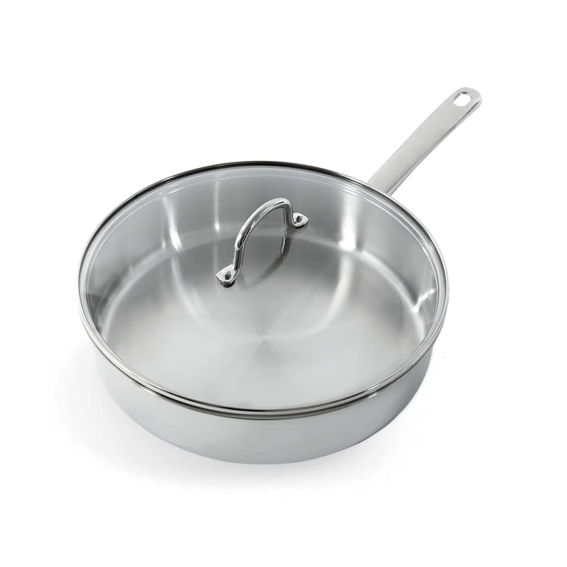 BK Bright Stainless Steel 28cm Sauté Pan with Lid,Induction Suitable, Polished Exterior, Stay Cool Handle, Professional Cooking, 18/10 Stainless Steel, Oven Safe up to 230°C, Broiler Safe, Silver