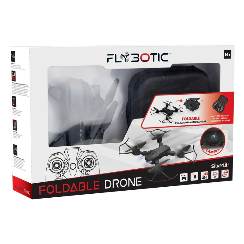 FLYBOTIC Silverlit Foldable Drone, Adjustable Camera, Auto Take-off, Hovering and Landing, Night Mode with LED Lights, Includes Carry Bag, Ages 14+