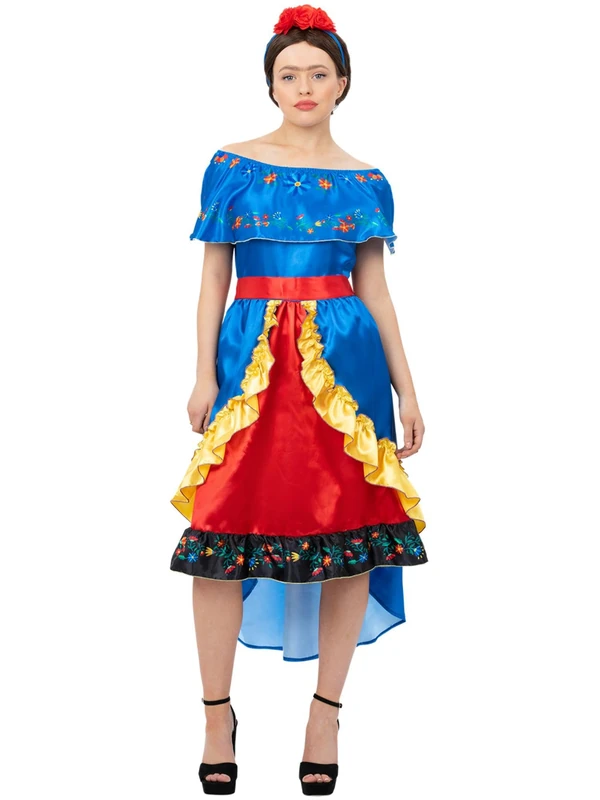 Smiffys Ladies Deluxe Artist Costume, Colourful Dress with Ruffles and Matching Floral Headband, Icons and Idols Fancy Dress Outfit for Women, Party and Carnival Medium