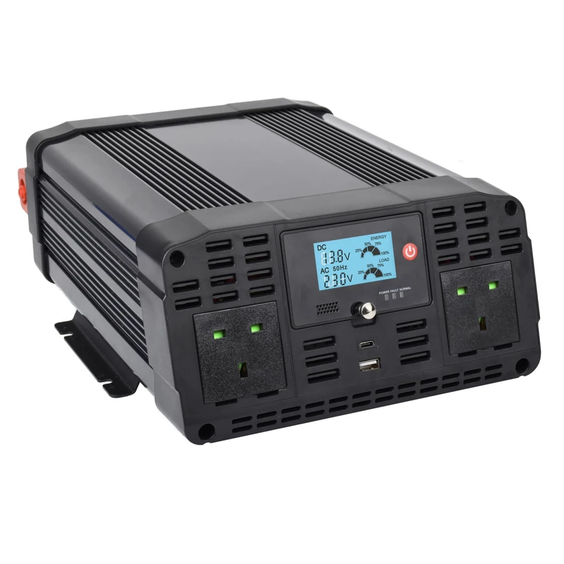 Technaxx Off-Grid Pure Sine Wave Car Power Inverter TE22 – 2000W/4000W Peak – 12V to 230V Converter with LCD, 2x UK Plugs, USB-A QC 3.0 & USB-C – TÜV Certified – Ideal for Camping & Travel