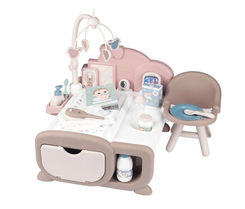 Smoby BABY NURSE NURSERY 17 piece Playset - Complete space for the child to care of their baby includes Electronic baby phone with lullabies - Perfect for Kids and Toddlers for interactive Doll play