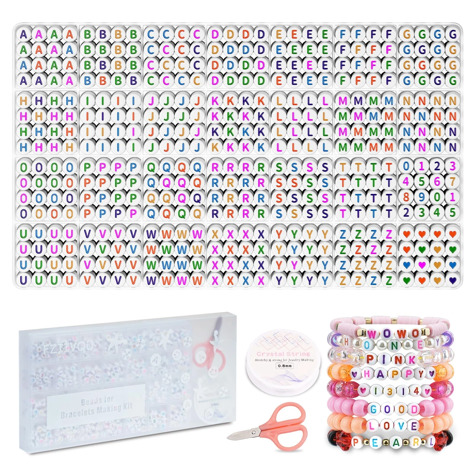 FZIIVQU 1450 Pieces Letter Beads, 28 Styles Acrylic 4x7mm Round Letter Beads Kits, Alphabet Beads A-Z Heart Pattern Beads and Number Beads for Bracelets Necklaces DIY Jewelry Making