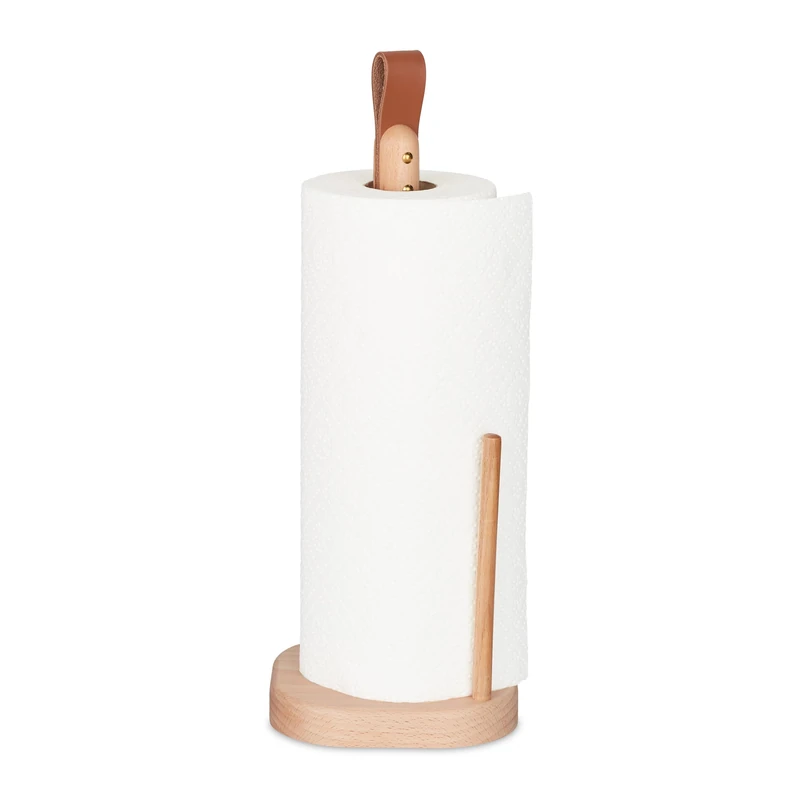 Relaxdays Kitchen Roll Holder Standing, Beech Wood, Paper Towels, for Counter, Leather Handle, HWD: 35x13x13 cm, Natural
