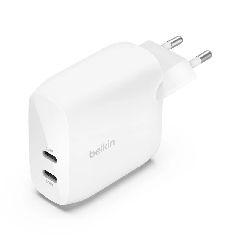 Belkin BoostCharge USB-C PD Charger with 2 Ports and PPS 60W for Apple iPhone, iPad, Samsung Galaxy, Google Pixel, Compatible with USB-C/Lightning Cable and USB-C Cable - White