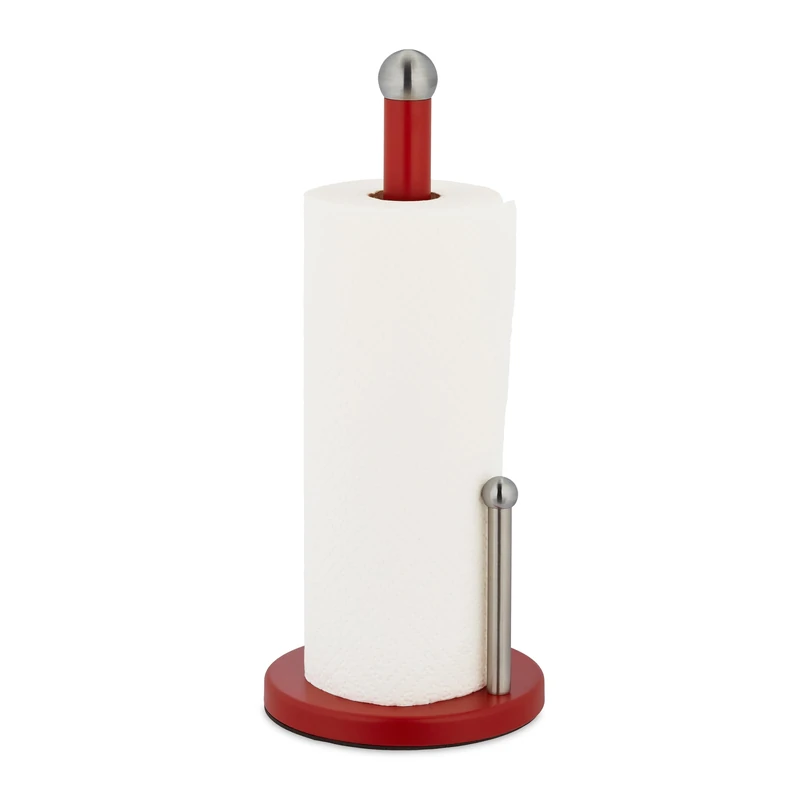 Relaxdays Kitchen Roll Holder, Bamboo, Stainless Steel, Standing Paper Towel Rack with Stopper, HxØ: 35x15cm, Silver/Red, 35 x 15 cm