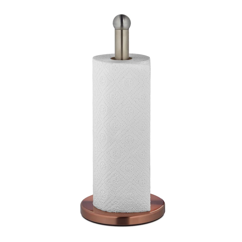Relaxdays Kitchen Roll Holder, Stainless Steel, Paper Towel Stand for The Counter, HxØ: 35x15cm, Silver/Bronze