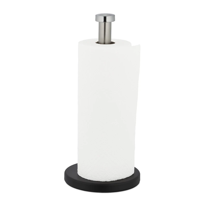 Relaxdays Kitchen Roll Holder, Stable, Stainless Steel, Paper Towel Counter Stand, HxØ: 33x15 cm, Silver/Black