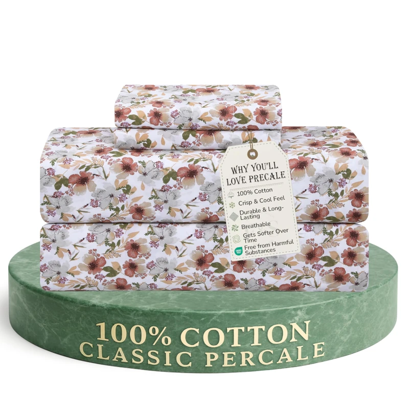 Feather & Stitch Softest 100% Cotton Sheets, King Size Sheet Sets, 4 PC Set, 300 Thread Count Percale Weave Bedding, 16" Deep Pocket, Cooling Sheets, Breathable Bed Set (Florence)