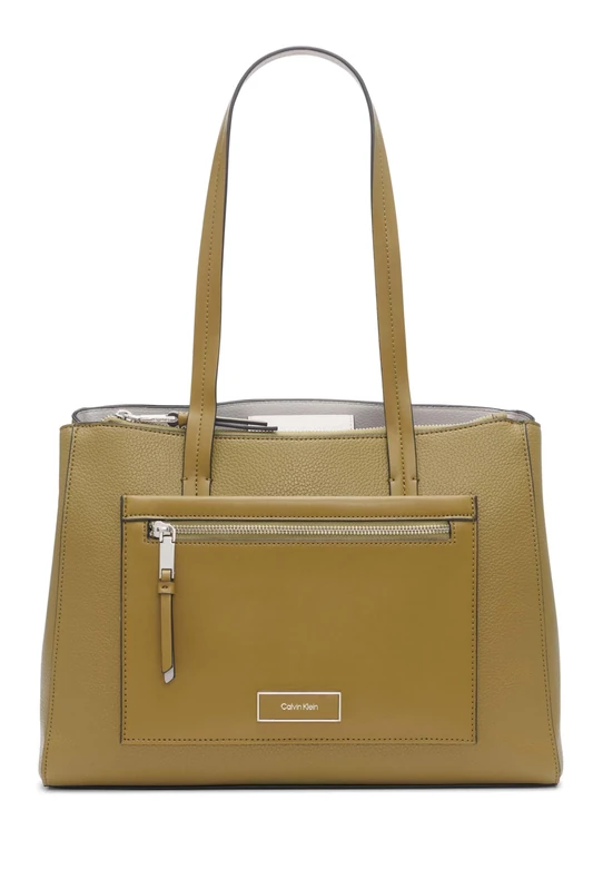 Calvin Klein Women's Hadley Tote Bag – 2 in 1, Vegan Leather, 5 Pockets Triple Compartment, Olive Branch, One Size