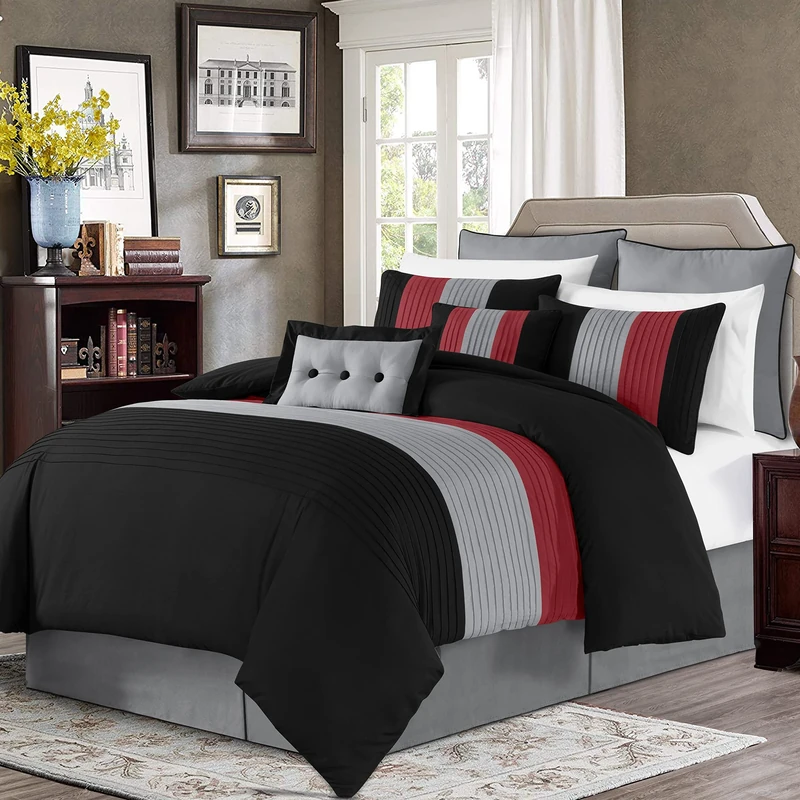 Chezmoi Collection Loft 8-Piece Luxury Striped Comforter Set (Queen, Red/Black/Gray)