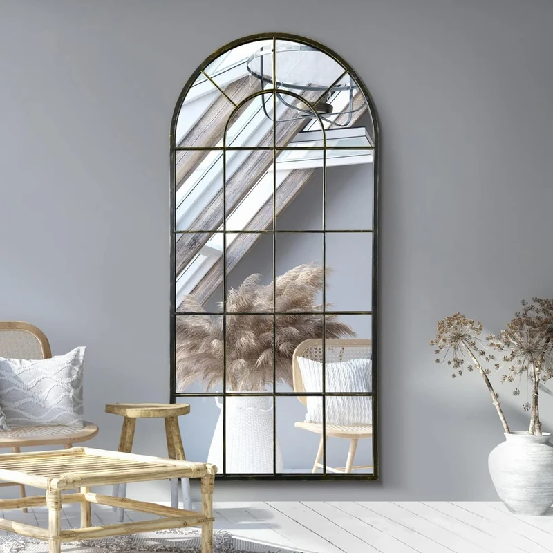 MirrorOutlet The Arcus - Antique Black Framed Window Modern Full Length Arched Leaner/Wall Mirror 71" X 33.5" (180CM X 85CM) Silver Mirror Glass with Black All weather Backing.