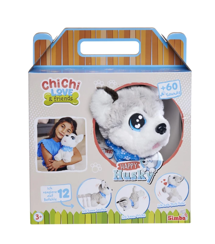 Simba Chichi Love Happy Husky 105890050 Interactive Toy Dog 30 cm for Children from 3 Years, Cute Cuddly Toy with German Voice Control (12 Functions) and Sound Including Batteries