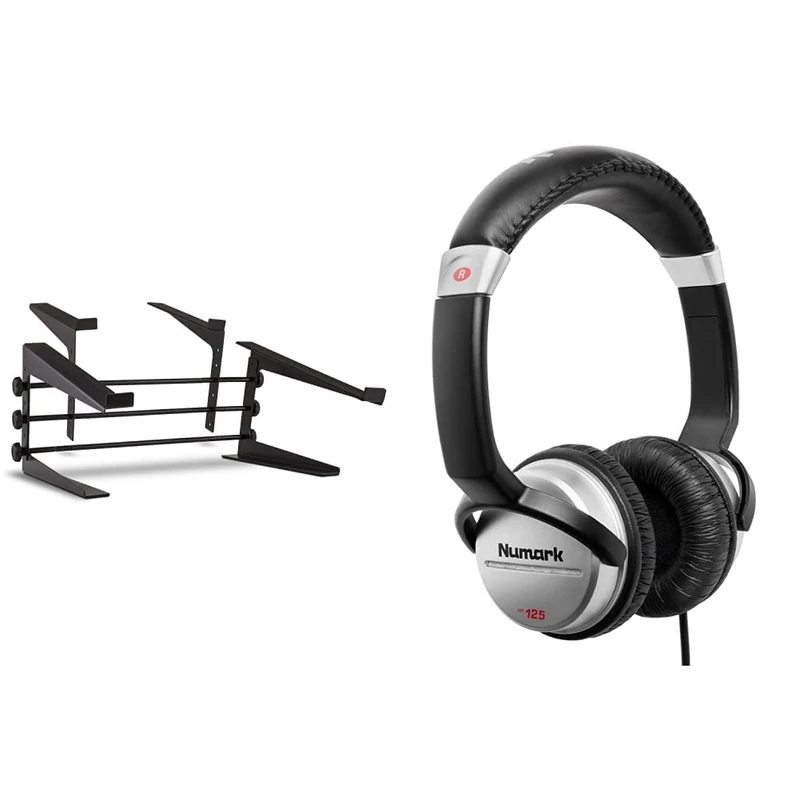 Ibiza SLAP190 Double Laptop Stand & Numark HF125 - Ultra-Portable Professional DJ Headphones with 6 ft Cable, 40 mm Drivers for Extended Response & Closed Back Design for Superior Isolation, Black