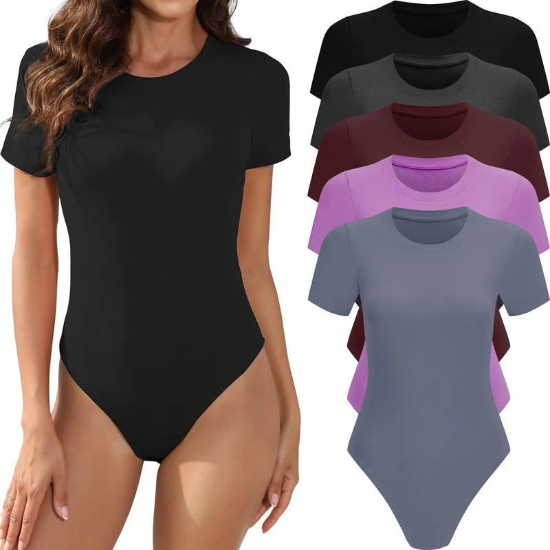 MLYENX 5 Pack Short Sleeve Bodysuit For Women Round Neck Casual Stretchy Basic T Shirt Bodysuit Tops, 5pack：black,dark Red,purple,dark Grey,dark Blue, Small