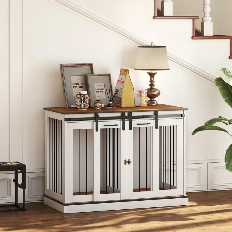 PawHut Dog Crate Furniture for Large Dogs, Double Dog Cage for Small Dogs, White