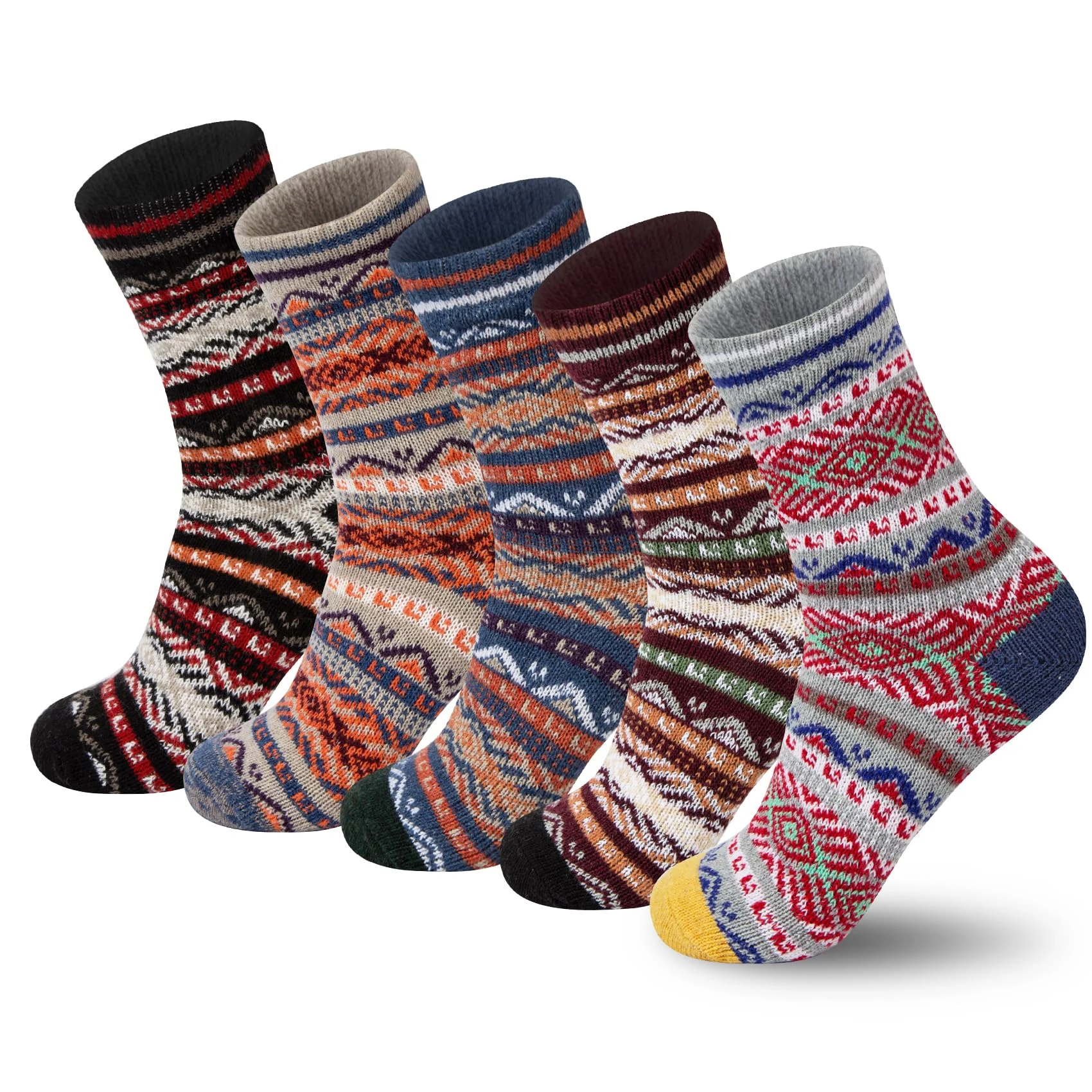 YSense Snug Womens Wool Socks, 5 Pairs Vintage Thick Knit Winter Warm Socks for Women Gifts Black, Light Grey,Dark Grey,Red,Blue 4-8