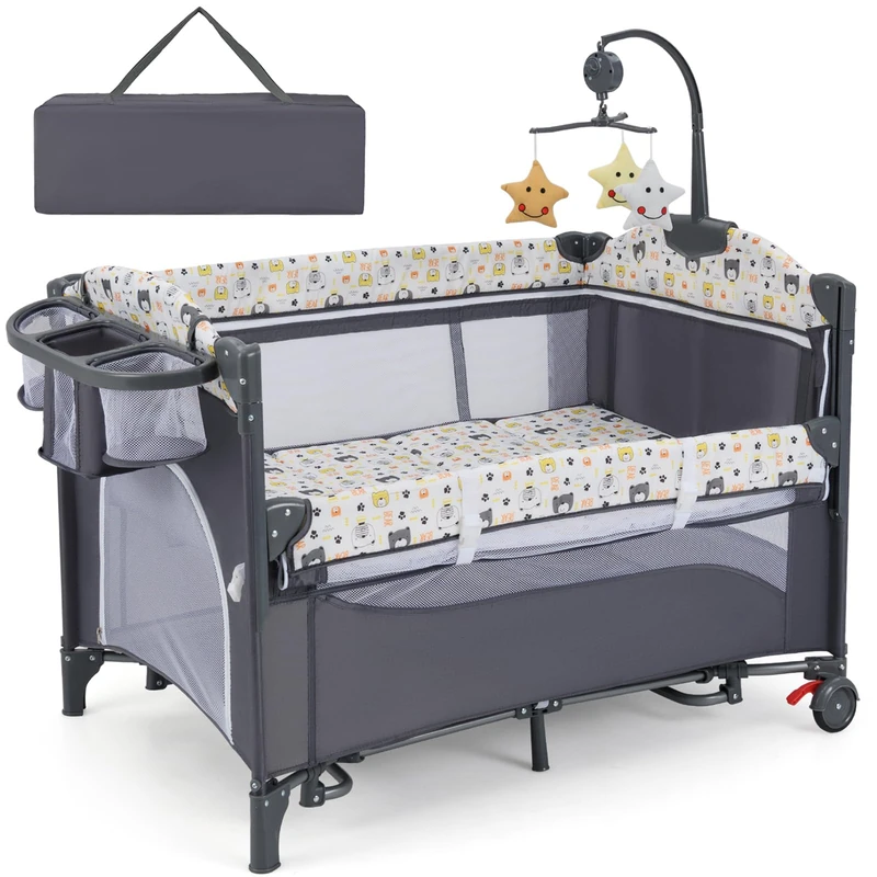 GYMAX Baby Travel Cot, 5-in-1 Portable Baby Bed Playard (Bear)