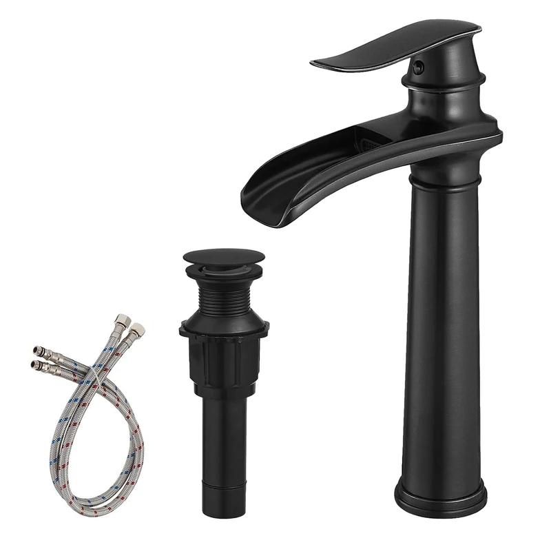 BWE Vessel Sink Faucet, Modern Waterfall Matte Black Bathroom Faucets, Single Handle 1 Hole Bathroom Sink Faucet with Pop Up Drain Assembly and Supply Hose Lead-Free