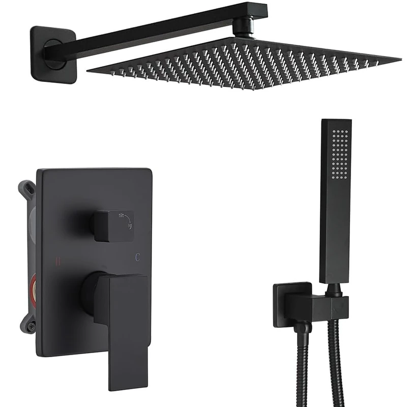 annazom Shower Faucet Set Rain Shower System Matte Black with High Pressure 10" Shower Head Hand Shower Square Shower Head Bathroom Luxury Rain Shower Faucet Shower Complete Combo Kit Wall Mounted