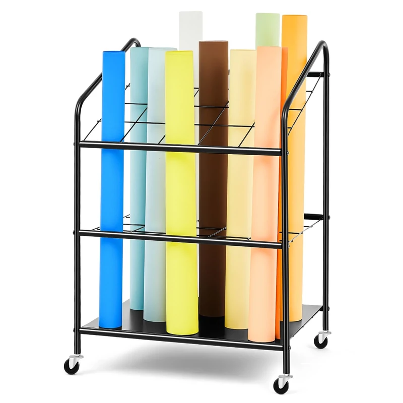 WILLBOND Blueprint Storage Rack Wire Roll File Holder with Wheels Metal Blueprint Storage Bin Cart Paper Blueprint Holder Cabinet Vertical Tube Poster Organizer (20 Slots,32.28 x 18.11 x 22.06 Inch)