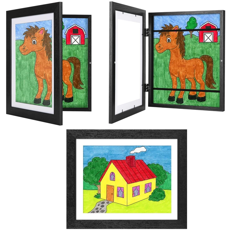 Kids Artwork Frame Black 3 pack, 10x12.5 Child Art Display Frame Without Mat Changeable Front Opening, 8.5x11 Frame With Mat, Children Storage Frame Hold 50pcs Crafts, Drawing, Art Project, Schoolwork