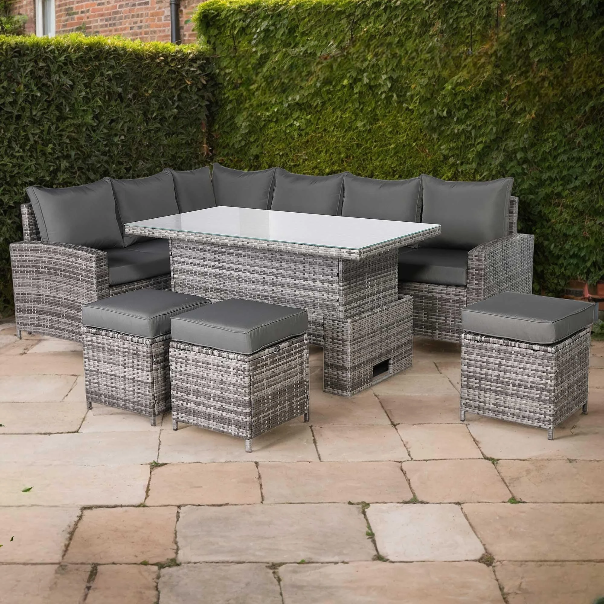 Club Rattan Henley Range High Back LHF Dining Corner Sofa Set in Grey Weave with Rising Table In Grey Weave, 9 seater outdoor rattan garden furniture