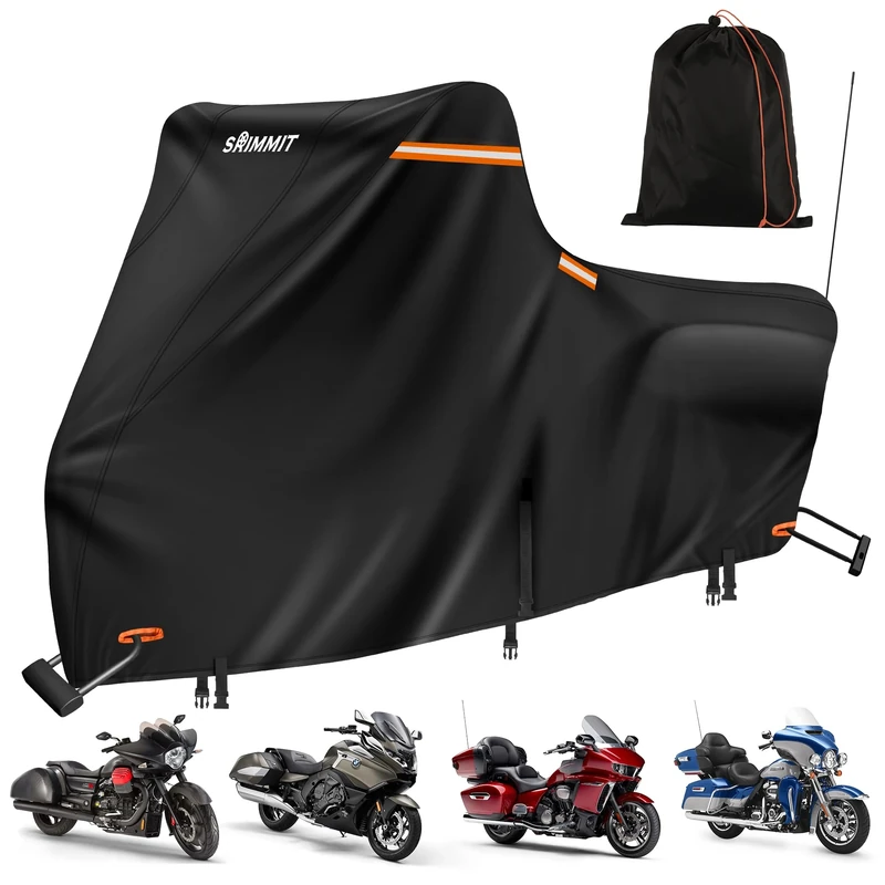 Heavy Duty Motorcycle Cover with Nano Material,420D Motorbike Covers Waterproof Outdoor Storage,Moped Cover for for Touring Models with Side Box