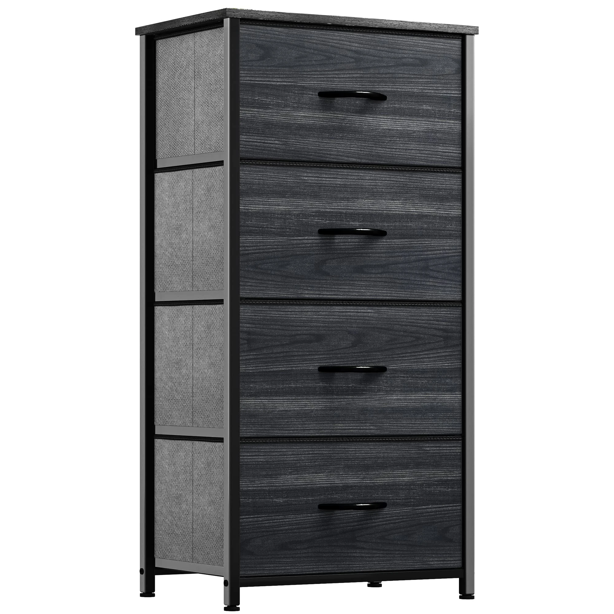 YITAHOME Chest of Drawer with 4 Drawers for Bedroom Fabric Dresser Storage Drawers With Handles Metal Frame for Living Room, Hallway,Charcoal Black Wood Grain